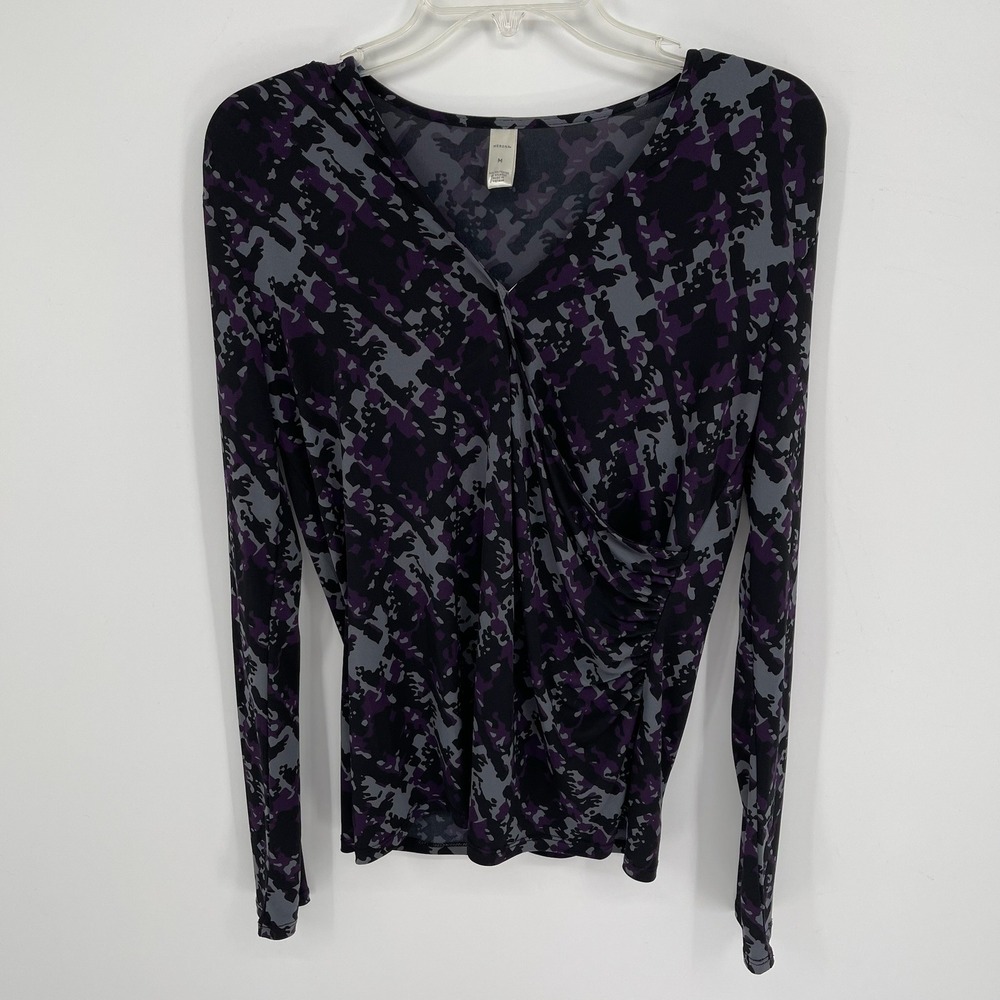 Merona Women's Purple Abstract Camo Faux Wrap Ruched Long Sleeve Top Size M